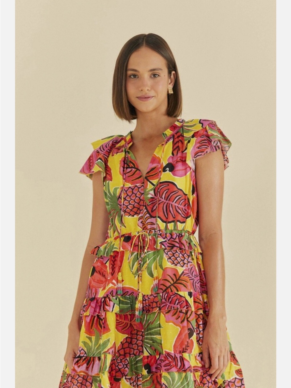 Farm Rio Fruit Dream Ruffle Mini Dress Pineapple Tropical Island Resort Size XS